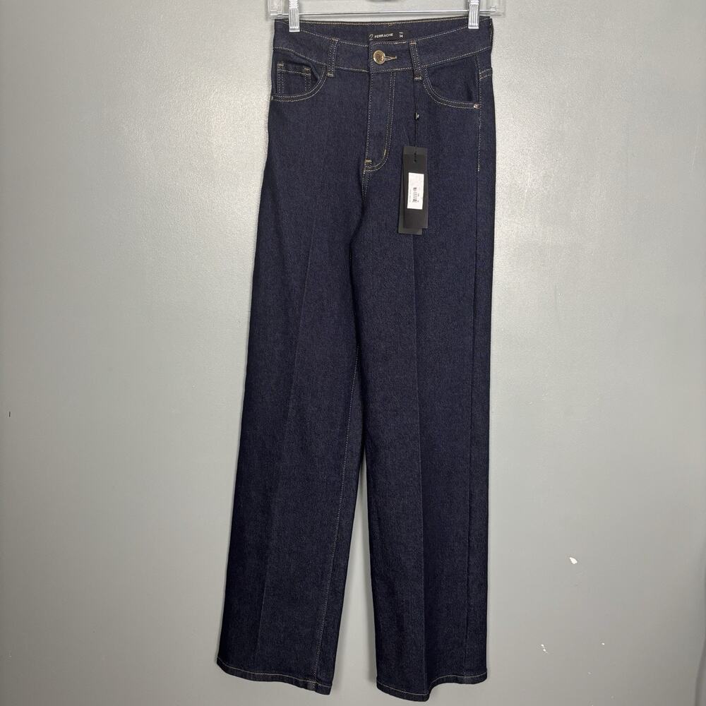 NWT FERRACHE Women’s Dark Blue Denim Wide Leg Cotton Blend Pants EU 34 2 Small